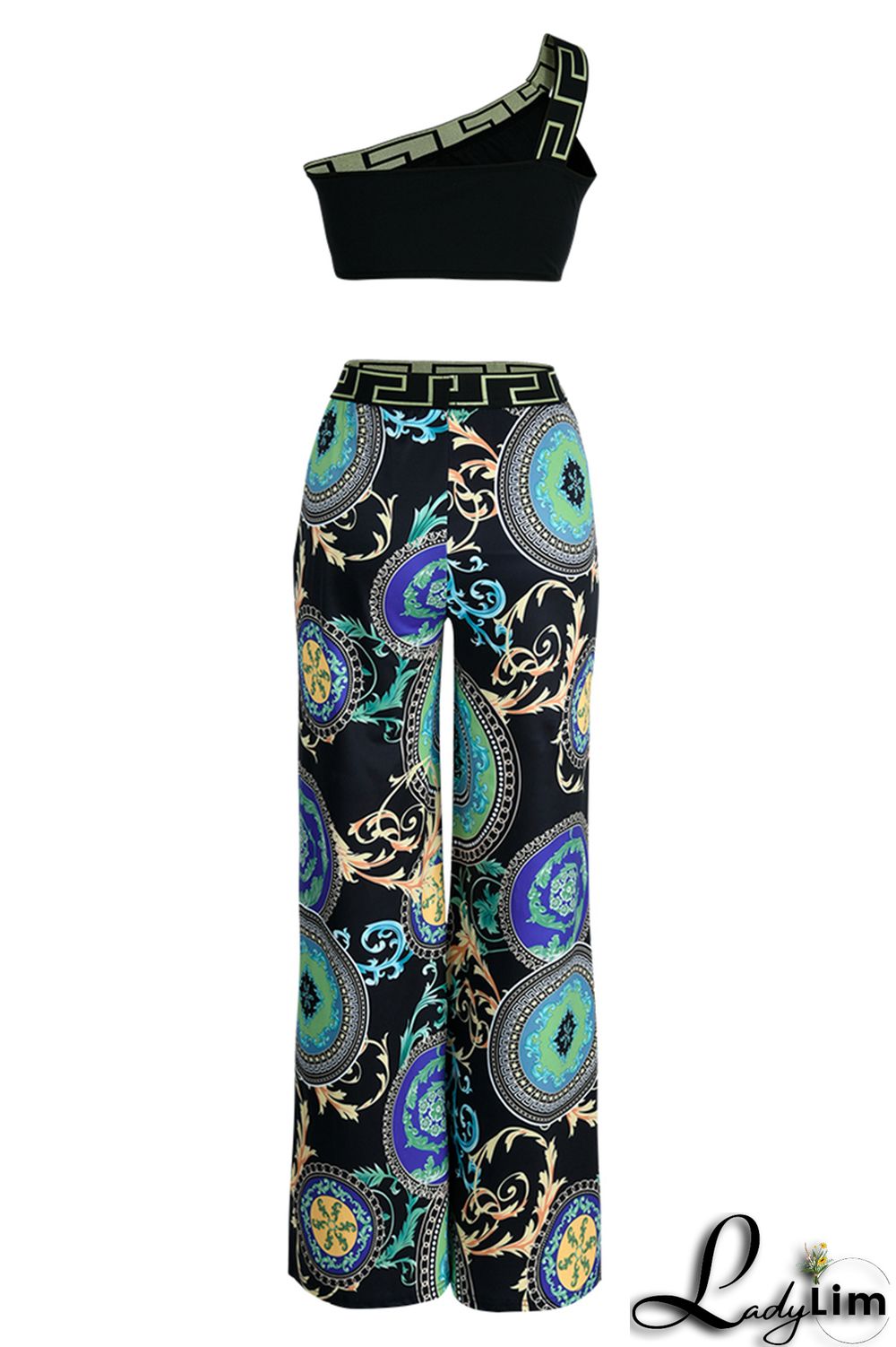 Black Sexy Casual Print Patchwork Backless Oblique Collar Sleeveless Two Pieces