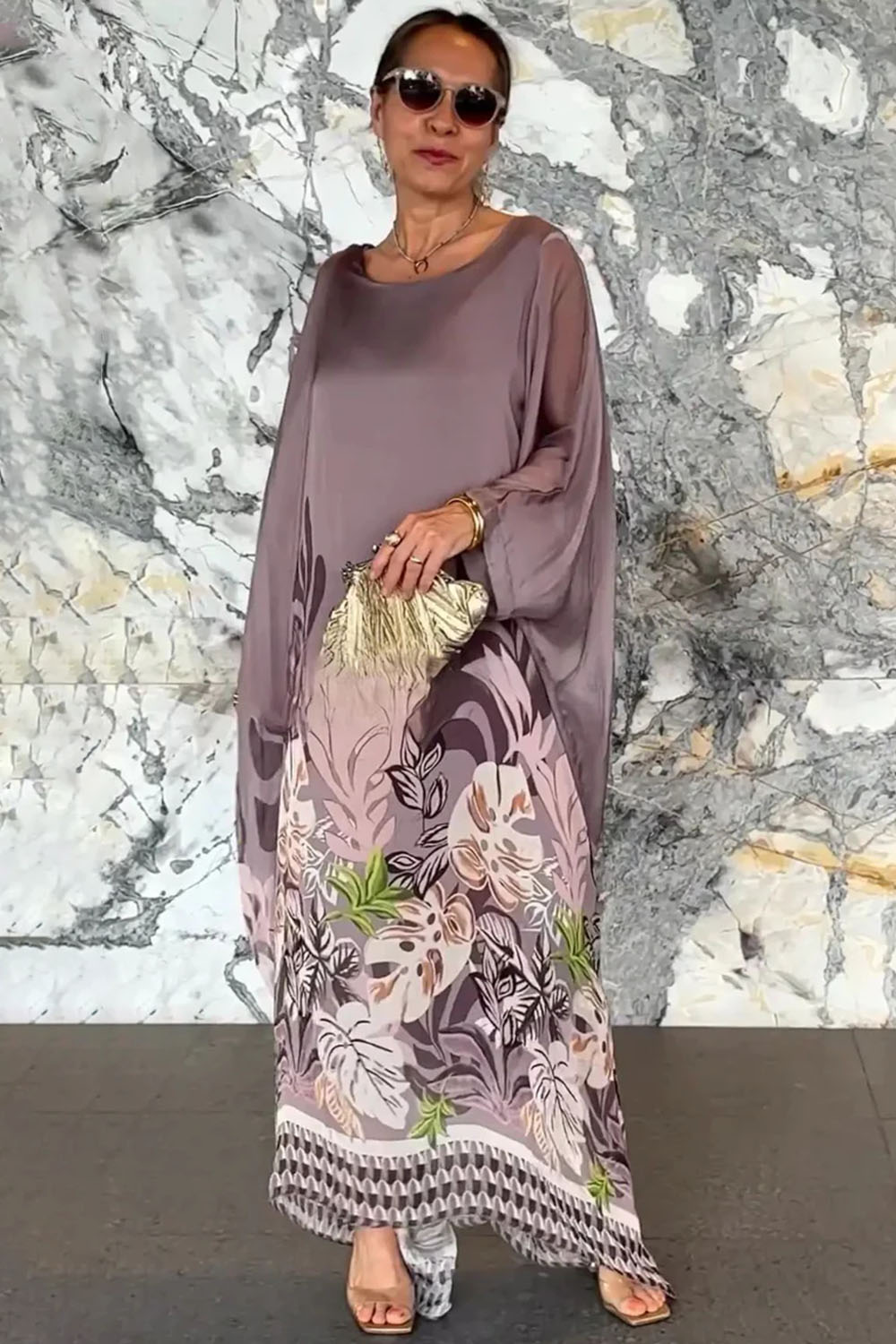 Plus Size Vacation Green Plant Print Batwing Sleeve Maxi Kaftan Dress 2024 - Flycurvy 