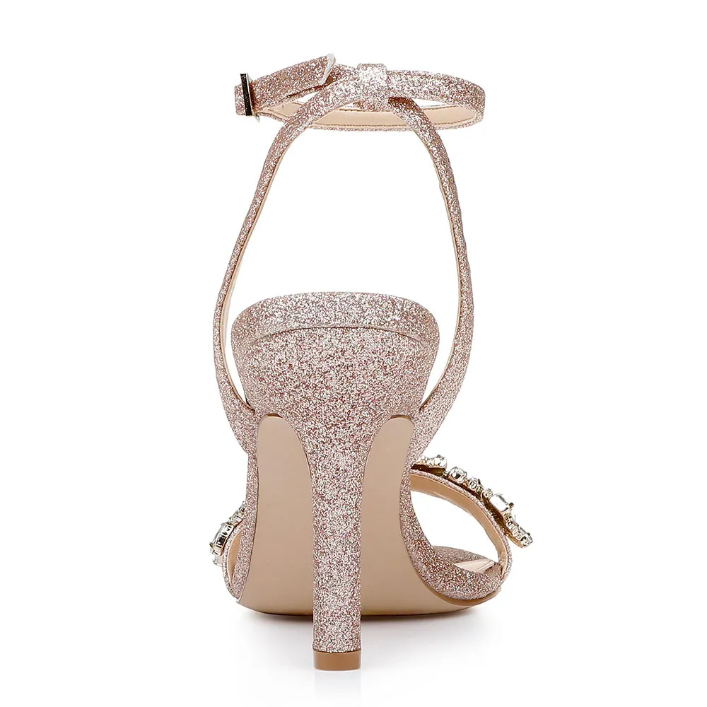 Glitter Rhinestone Ankle Strap High Heel Rose Gold Sandals