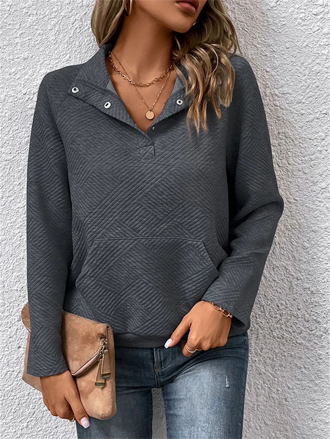 Women Long Sleeve V-neck Solid Color Pocket Tops