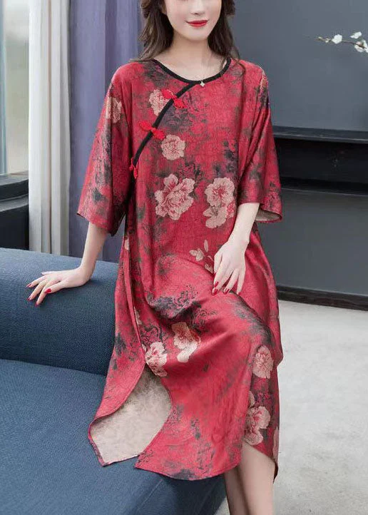 Vintage Red Print Chinese Button Patchwork Chiffon Dresses Summer