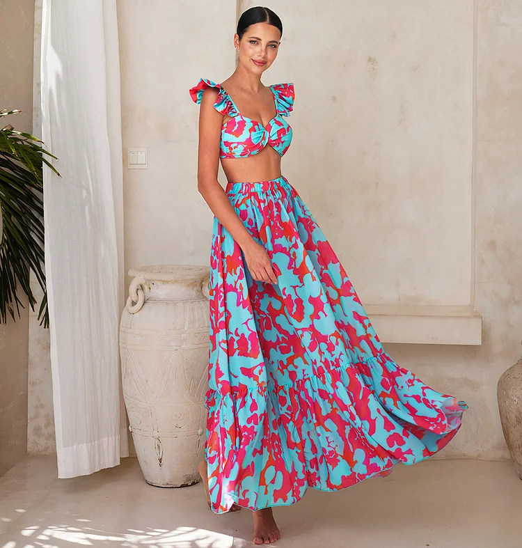 Printed Ruffle Bikini Swimsuit and Skirt