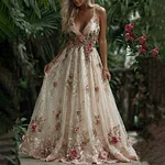 Women's Pink Rose Embroidery Art Suspender Maxi Dress - Image 2
