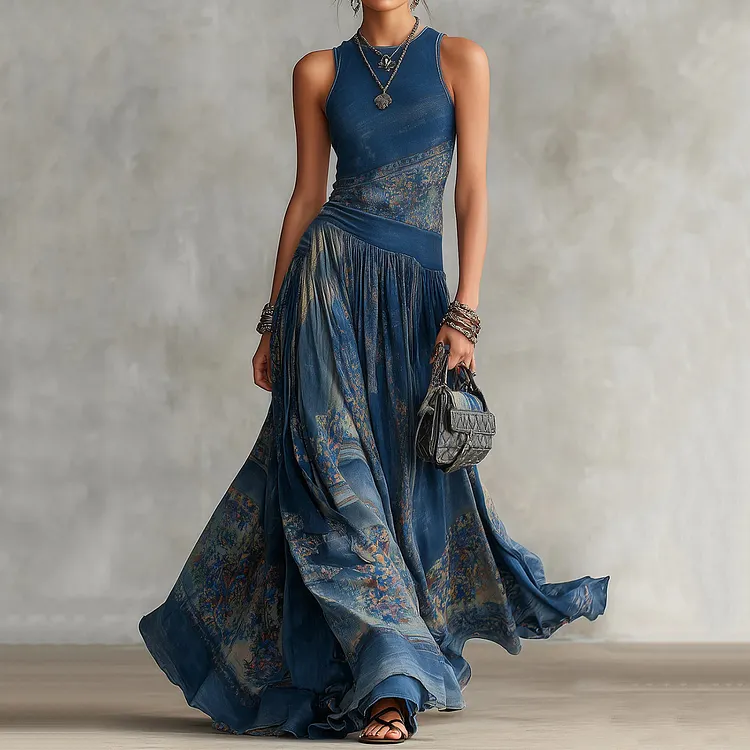 Elegant Retro Printed Sleeveless Tank Top Dress