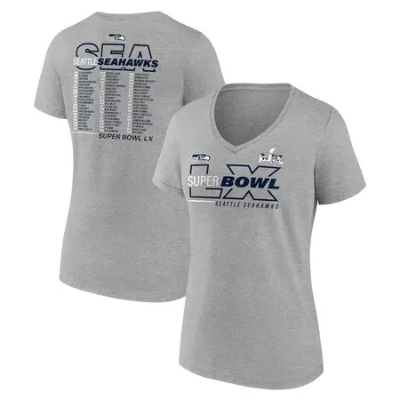 Women's Seattle Seahawks  Heather Gray Super Bowl LX Roster V-Neck T-Shirt