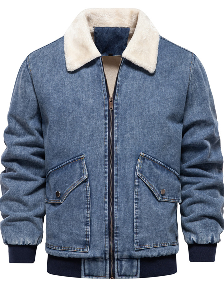 Long Sleeve Zipper Thickened Lapel Men's Padded Denim Jacket Jacket Casual Quality Washed Denim Tops