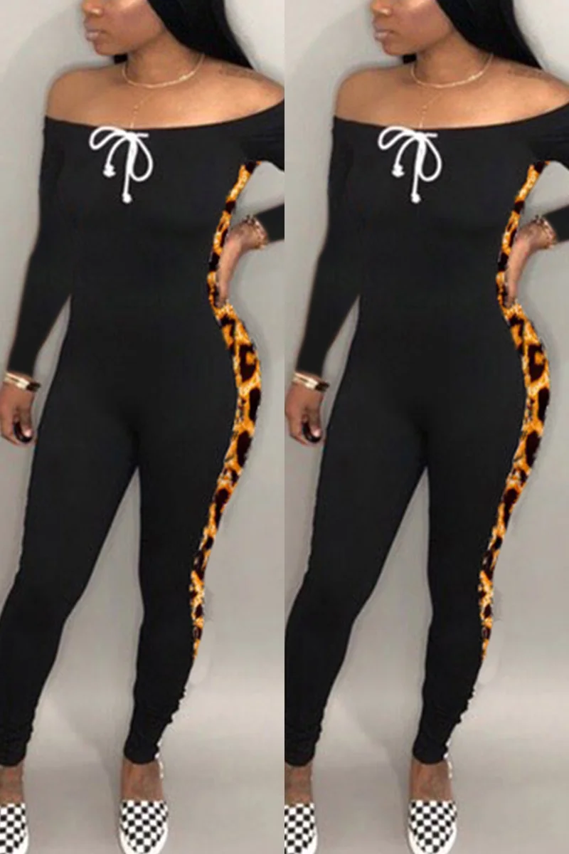 Leopard print Sexy Patchwork bandage Leopard grain Long Sleeve one word collar Jumpsuits | EGEMISS