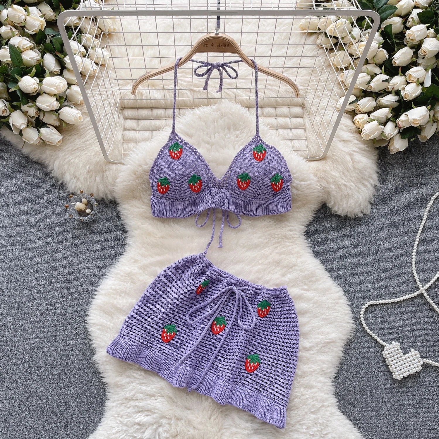 Aiertu  Strawberry Sweet Beach Two Pieces Sets Halter Backless Camis+Short Skirts Fashion Hook Flower Hollow Out Beach Suits Aiertu
