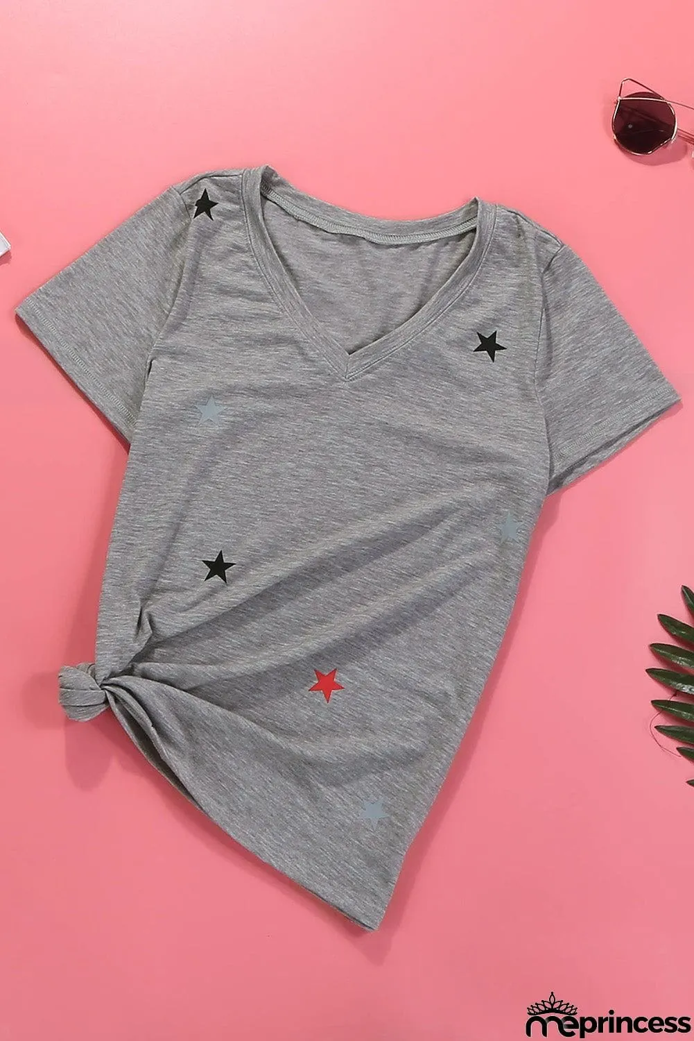 V Neck Stars Print Gray T-shirt