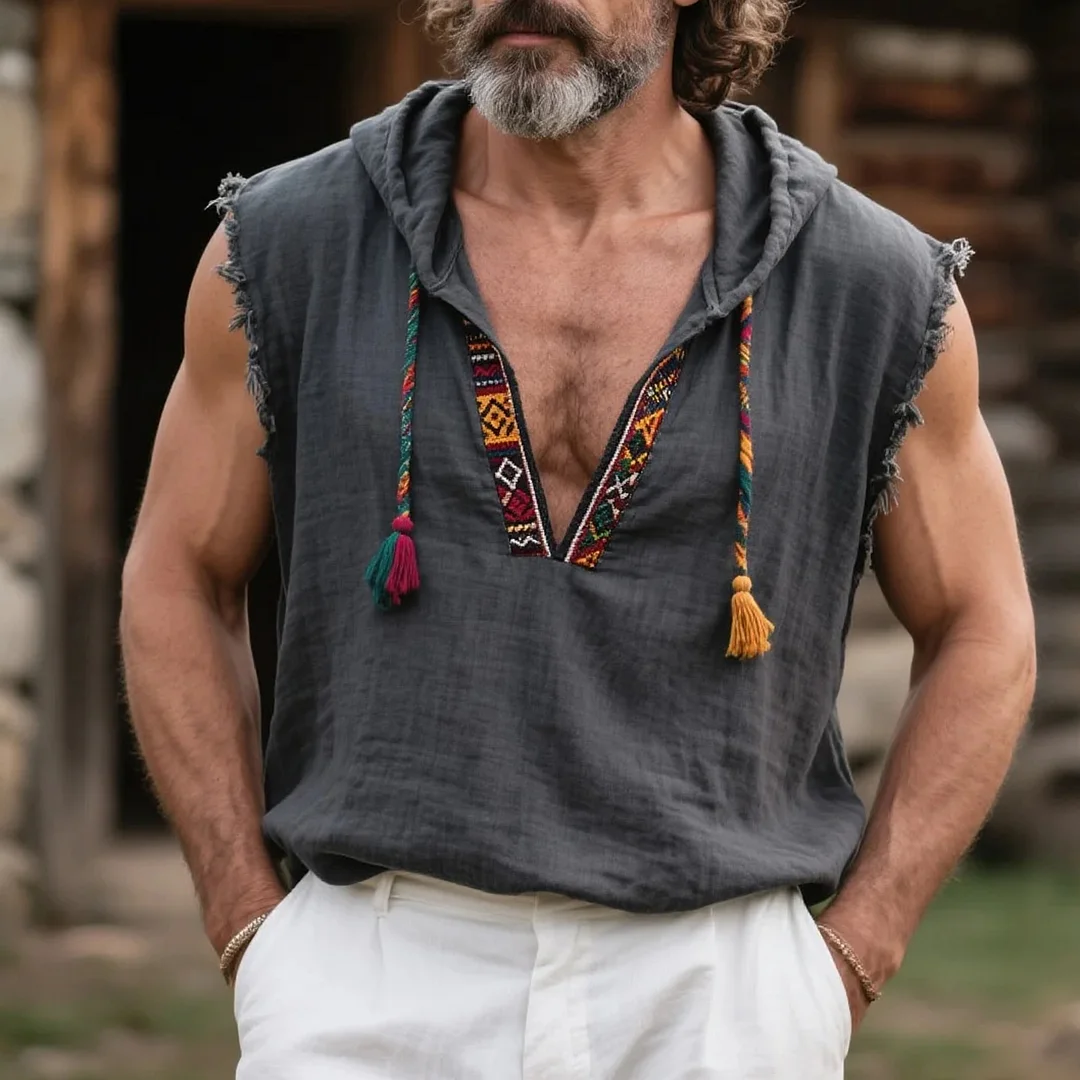  Bohemian Sleeveless Hoodie with Embroidered Details for Men-inspireuse