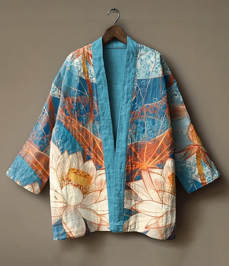 Abstract print embroidered linen cardigan kimono
