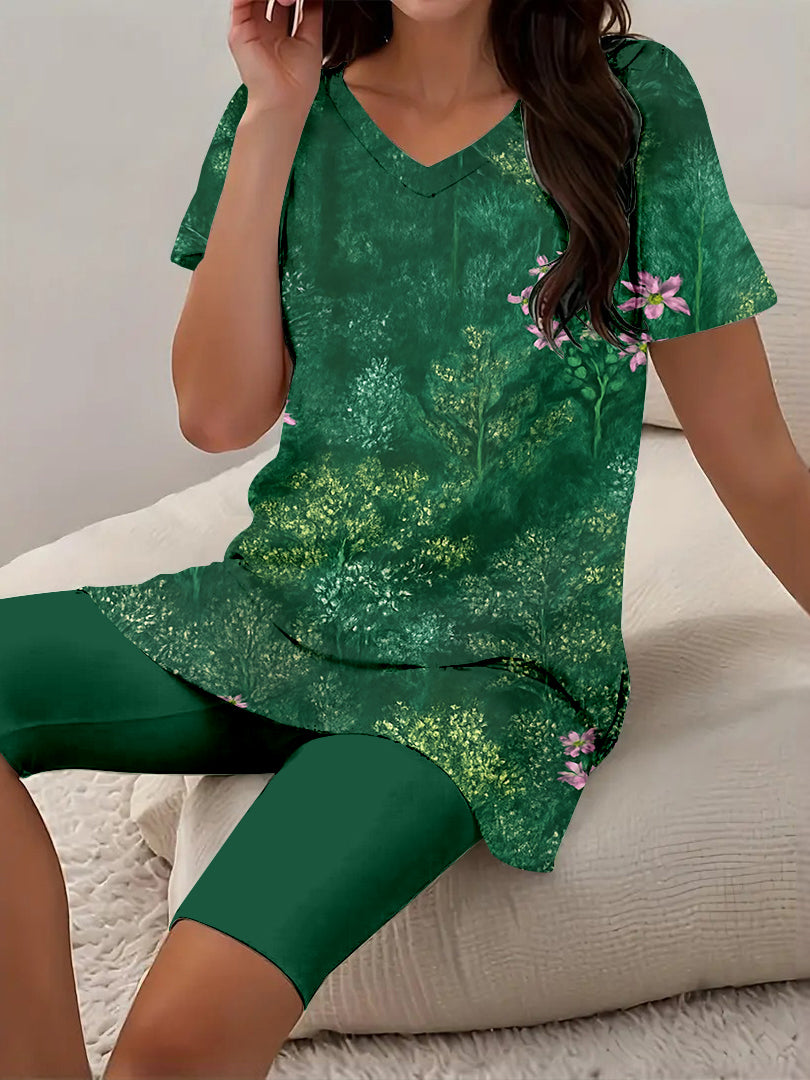 Women Long Sleeve V-neck Graphic Floral Printed Top