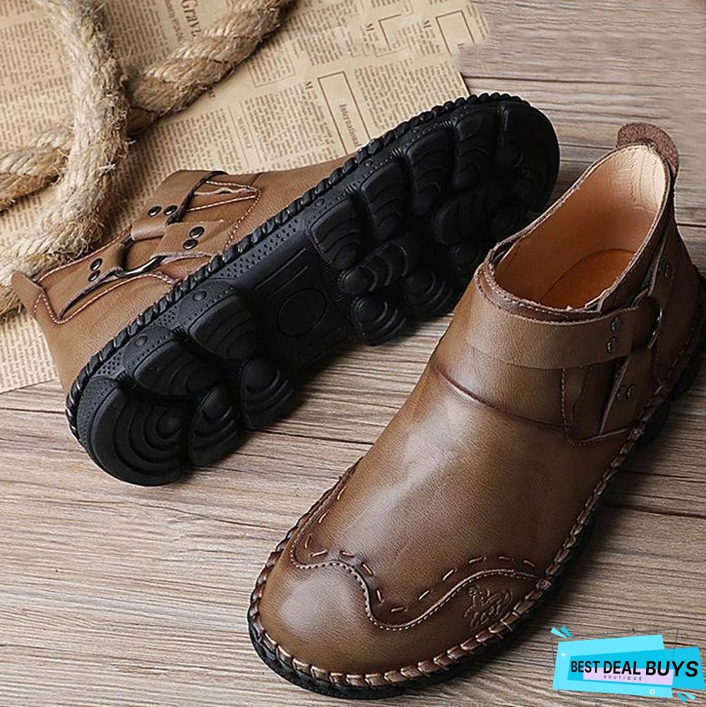 Large Size Hand Stitching Genuine Leather Non-Slip Retro Ankle Boots