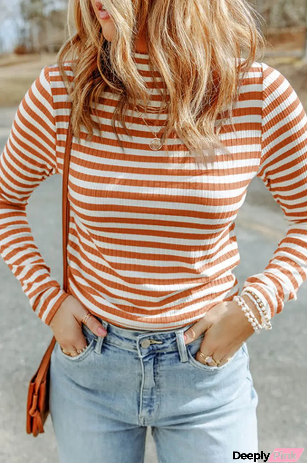 Gold Flame Striped Print Textured Knit Long Sleeve Tee