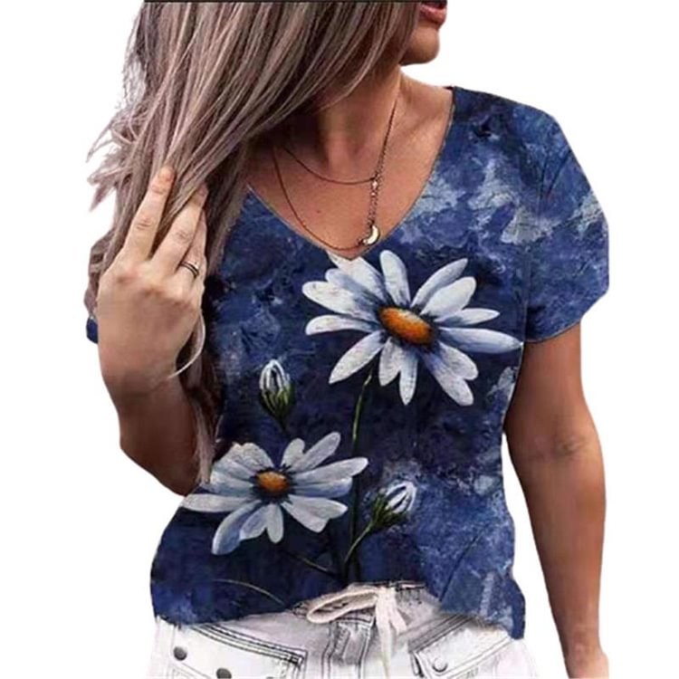 5XL Oversized Summer Floral Print T Shirt Women Short Sleeve 3D Map Shirt Fashion Casual V-Neck Ladies Size Loose Top 2021