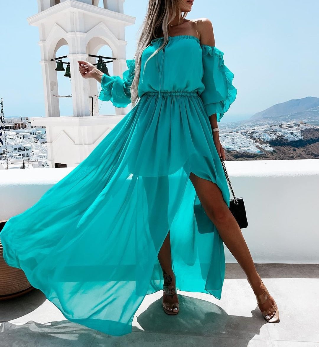 hirigin Women Slash Neck Split Floor Length Ruffle Long Dress Lace Up Casual Beach Solid Color Style Dress Summer Vestidos Robe