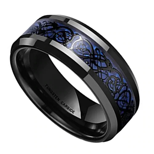 4MM 6MM 8MM 10MM Tungsten Rings Women or Men's Celtic Dragon Knot Black with Blue Resin Inlay Tungsten Carbide Wedding Ring Band