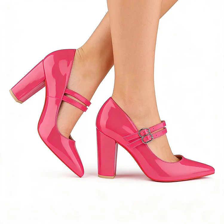 90mm Women Chunky Heels Middle Block Heel Red Bottoms Double Straps Pumps Patent VOCOSI VOCOSI
