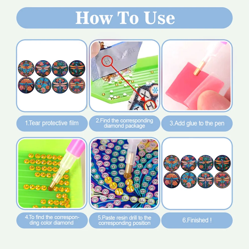 8pcs Dragonfly DIY Diamond Painting Coasters Kits with Holder Wooden Coaster