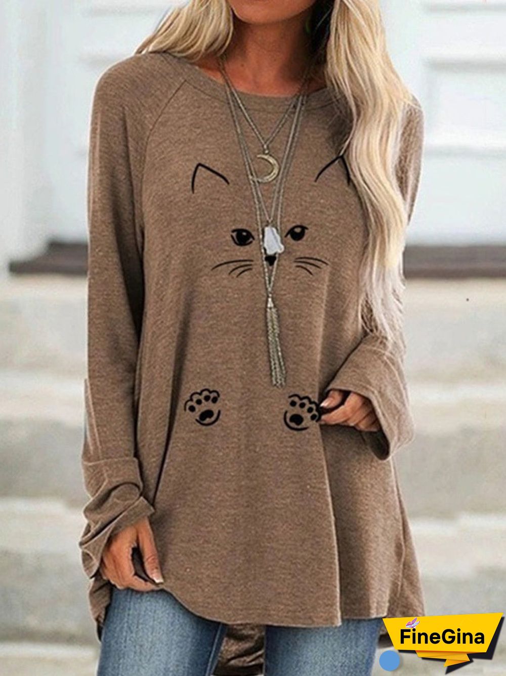 Women's Cat Printed Long Sleeve Scoop Neck Top