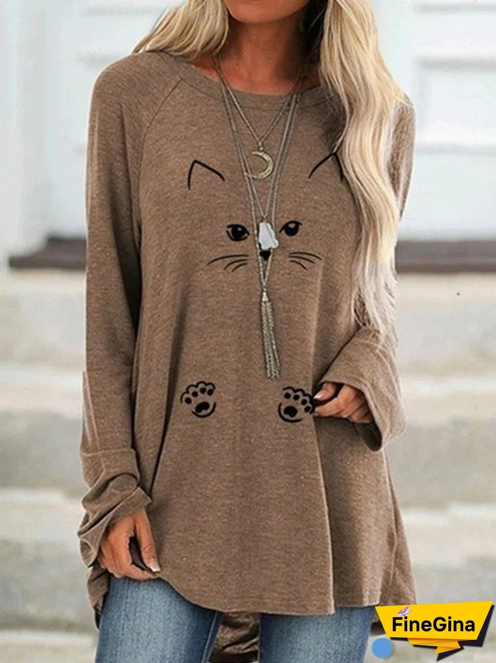 Women's Cat Printed Long Sleeve Scoop Neck Top