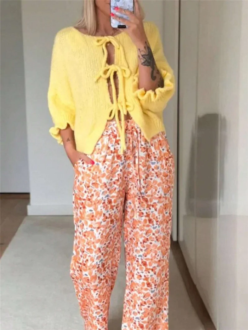 Athvotar Athvotar New Round Tie Nine-Sleeve Rope With Knitted Sweater Lazy Wind Coat