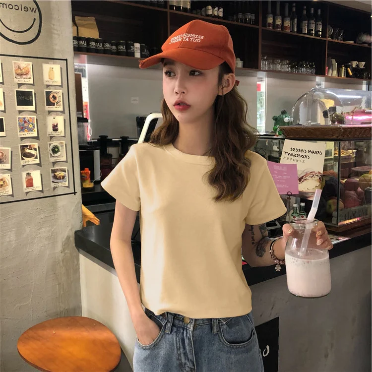 Uveng Uveng Cotton 2024 Summer Wear New Pure Cotton Short Style Show Thin Crop Short-Sleeve T-Shirt Women's Slim And Versatile Pure Color Jacket Tide