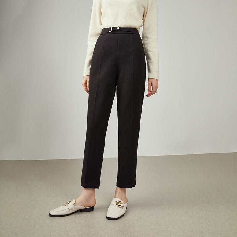 FSLE Women's Winter Nine-point Thick Woolen Trousers Black Straight-leg Suit Slacks Women Waist Decoration Beige Pants