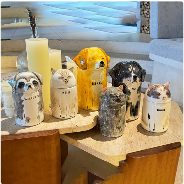 Forever in Play: Hand-Sculpted Pet Urns with Whimsical Topper Portraits