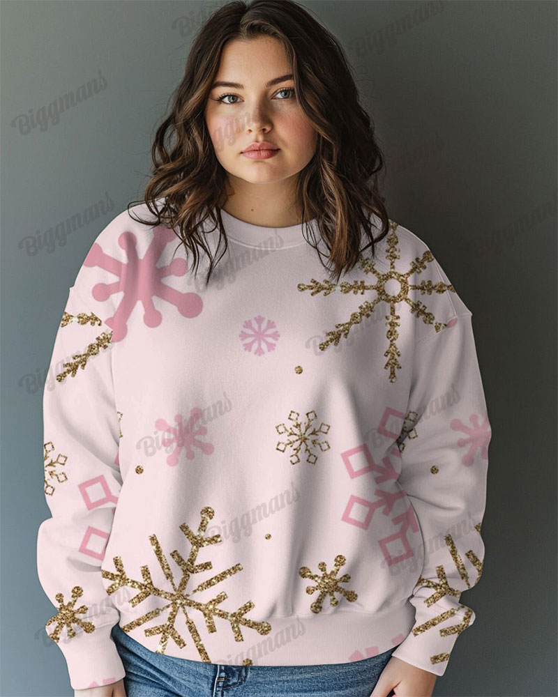 Plus Size Colorblock Snowflake Print Casual Long Sleeve Sweatshirt
