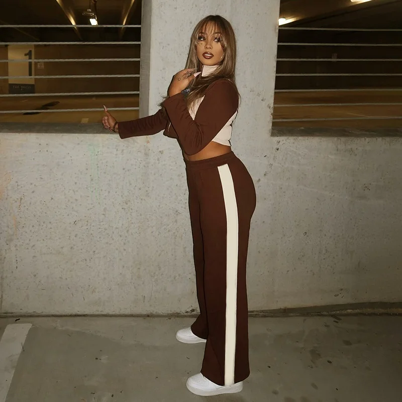 Uveng Uveng Women's Autumn And Winter Bumpy Short-D Waist Clip Zipper Tight Waist Straight Trousers Set