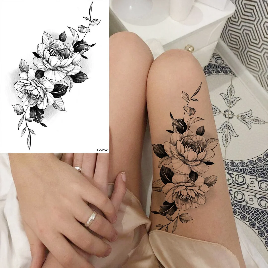 3D Large Peony Flower Temporary Tattoos For Women Girl Arm Thigh rose skull Realistic Fake Tattoo Body Art Tatoo Paper