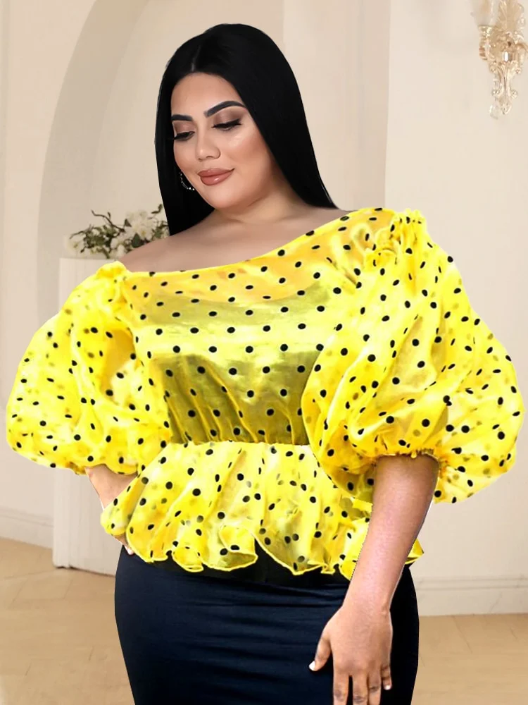 Plus Size Tops Blouse 3XL 4XL Off Shoulder Yellow Black Polka Dot Short Puff Sleeves High Elastick See Through Shirts for Women QueenFunky