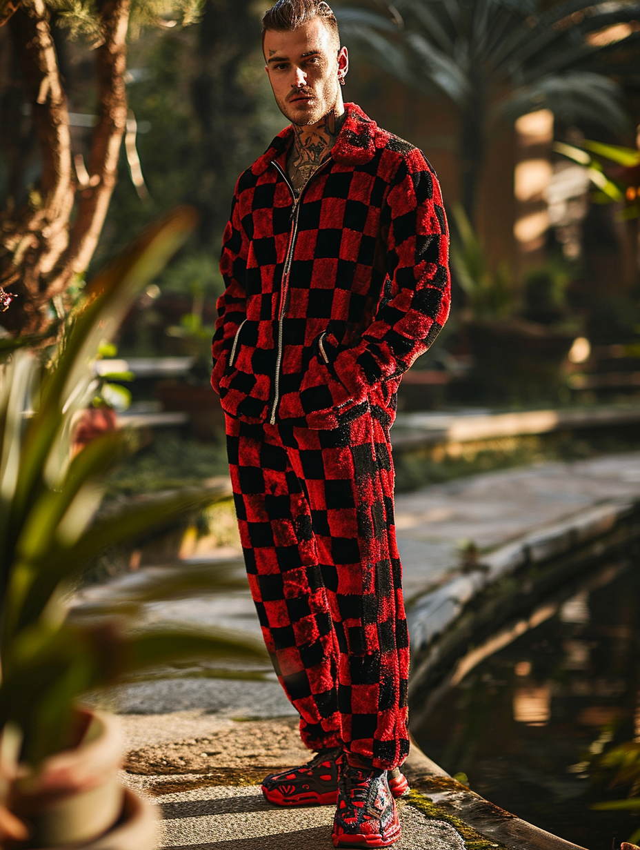 Winter Men's Red Checkerboard Flano Velvet Set