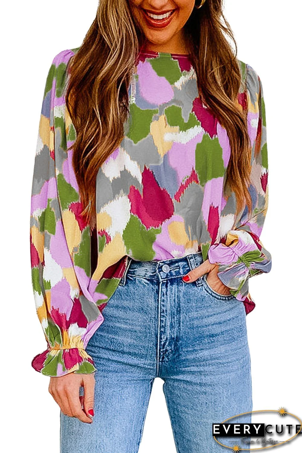 Multicolor-3 Abstract Printed Long Sleeve Blouse