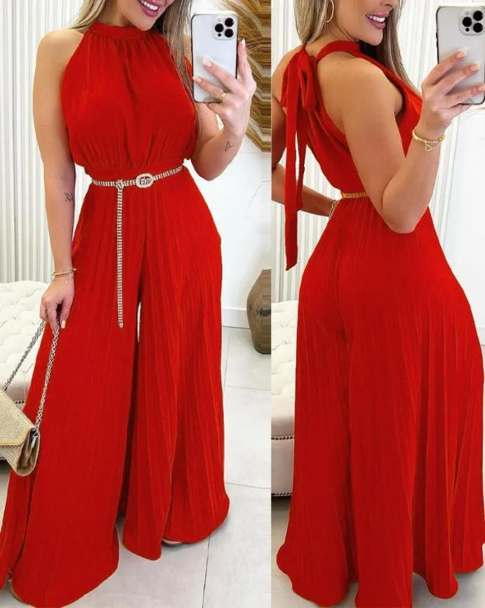 Nncharge Jumpsuit Women Summer Fashion Sleeveless Pleated Wide Leg Casual Halter Tied Detail Plain Long Jumpsuit Without Belt