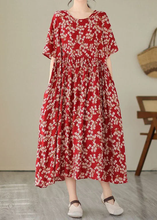 Plus Size Red O Neck Print Wrinkled Patchwork Chiffon Dresses Summer