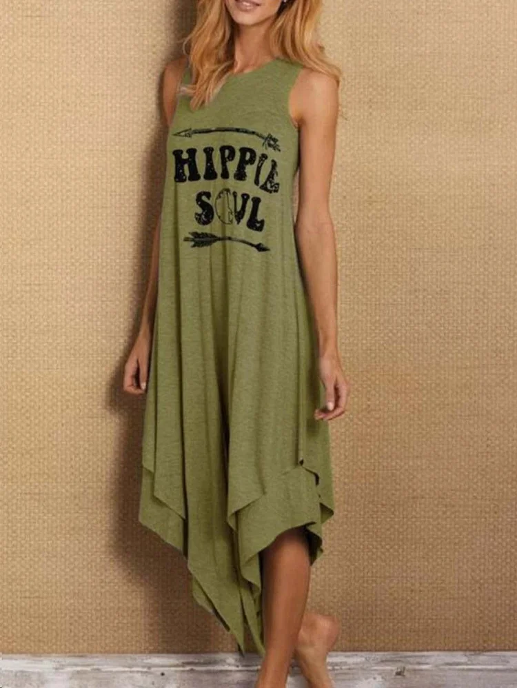 Summer Women Casual Hippie Soul Letter Printed Long Dress