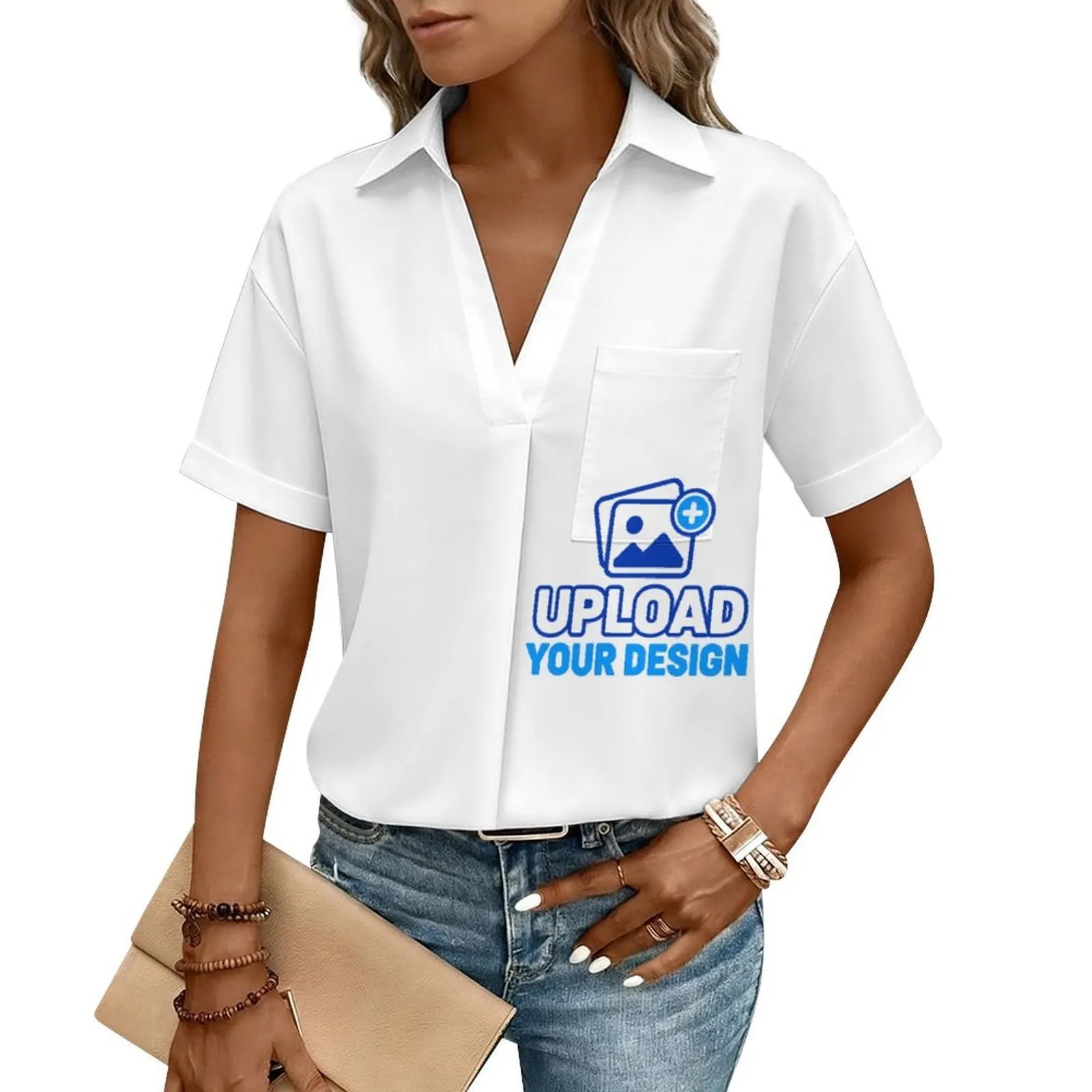 Custom Single-Pocket Collared V-Neck Blouse product image 8