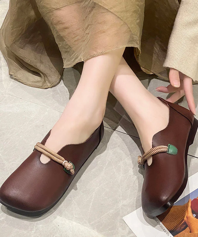 Brown Cowhide Leather Flat Feet Shoes Buckle Strap Flat Feet Shoes