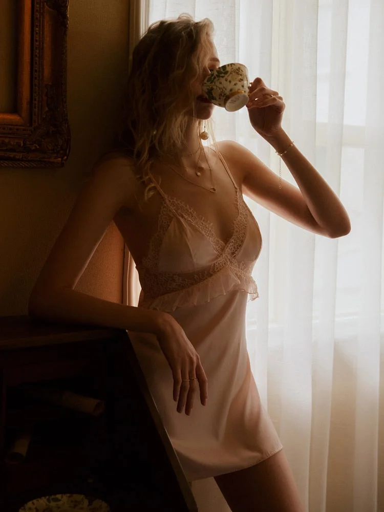 Amallbeiby Kawaii Silk Night Gowns Strap Beauty Back Nightdress Satin Young Girl's Bow Sweet Lace Female Summer Sleepwear