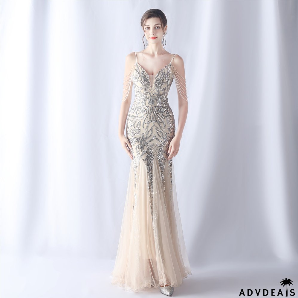 Women beaded mesh evening dress