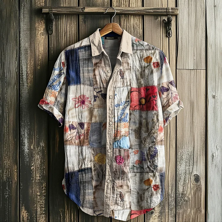 Men's Retro Floral Patchwork Art Linen Shirt