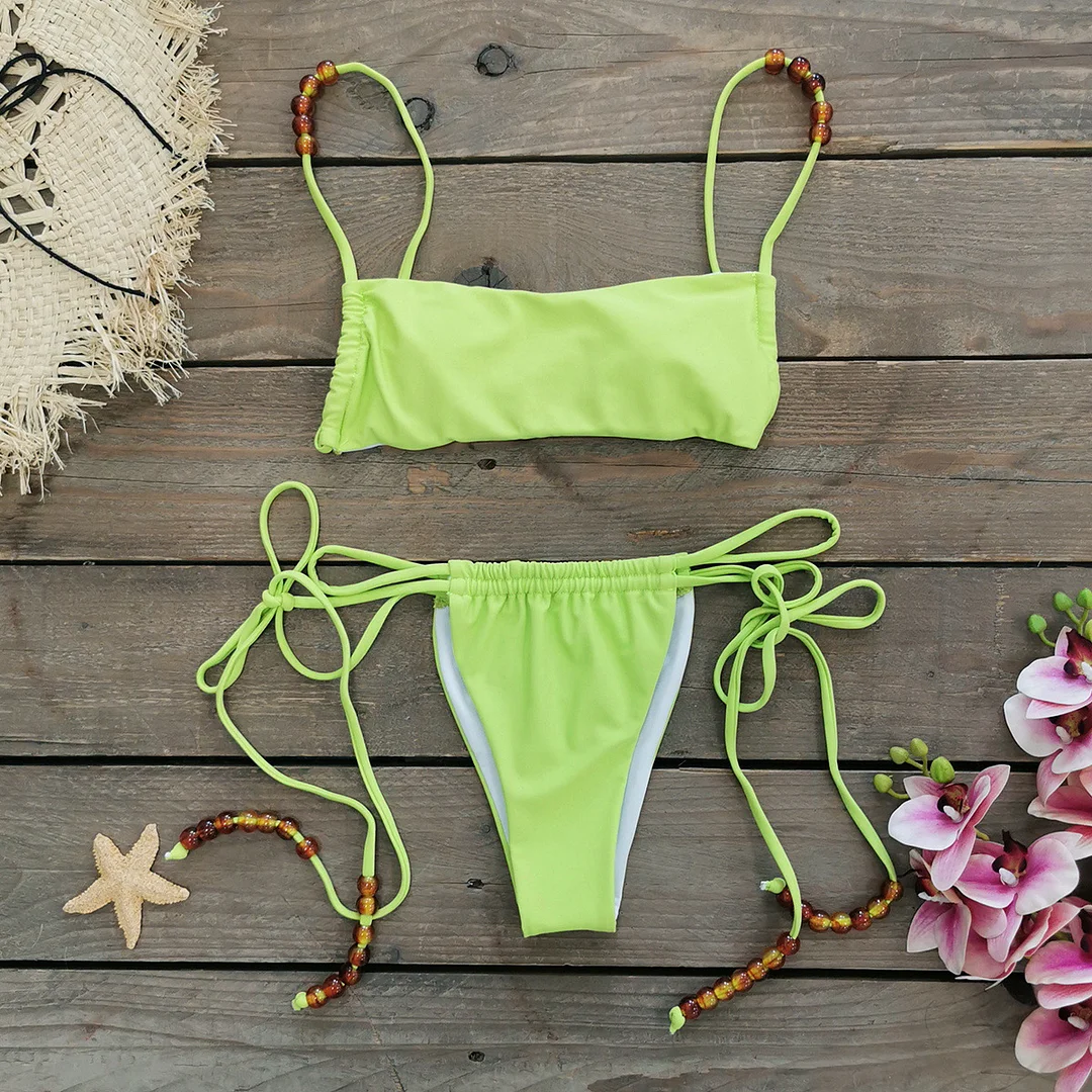 Uveng Blow-Bender Solid Beaded Split Swimsuit Women 2025 New Bikini Sexy Low-Waisted Bikini