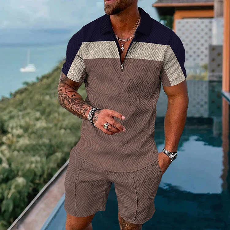 Men's holiday striped patchwork printed Polo suit
