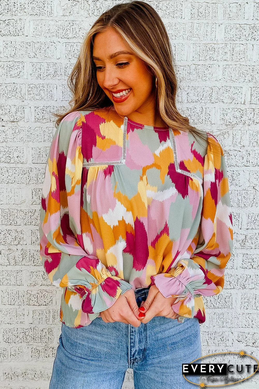 Multicolor Abstract Printed Long Sleeve Blouse