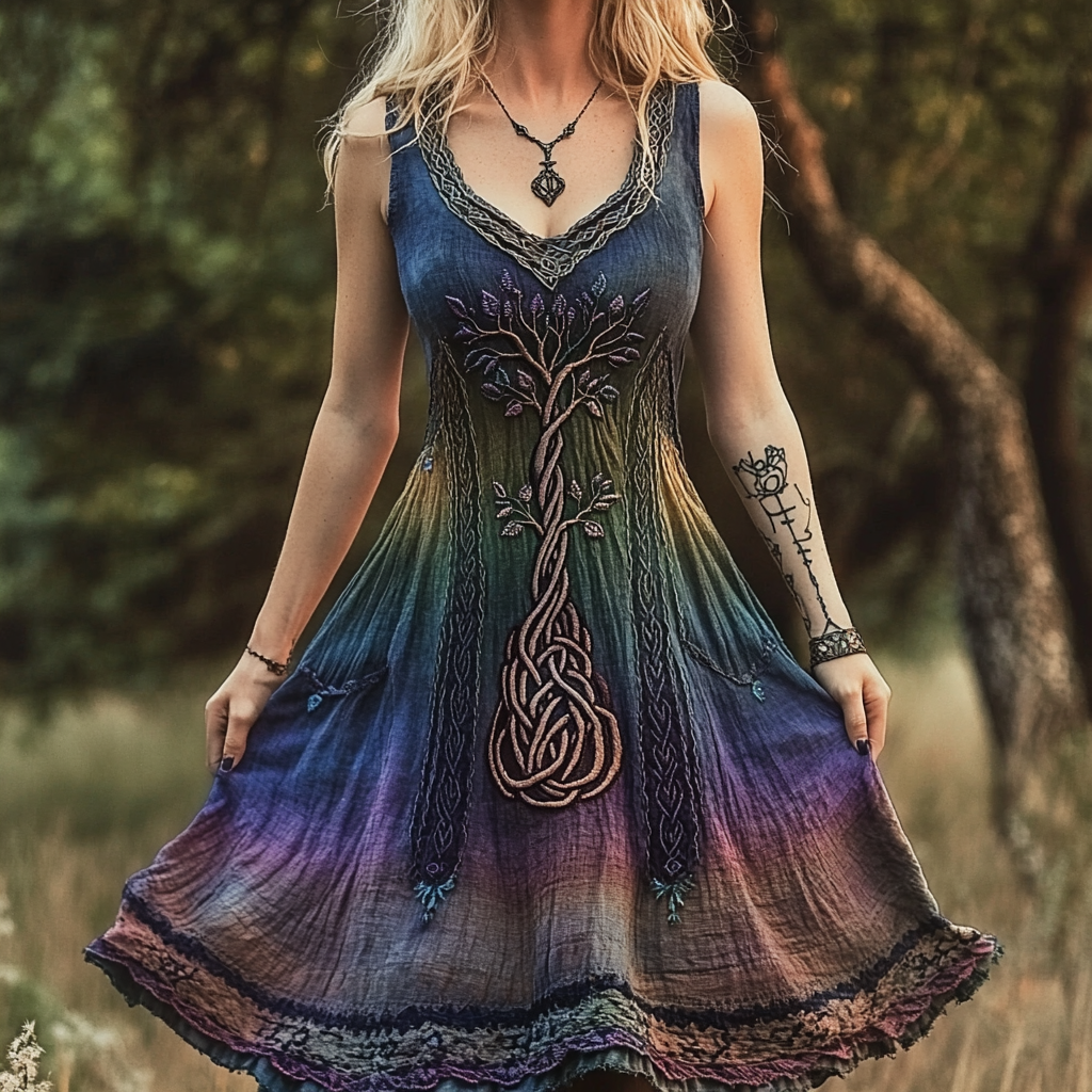 Comstylish Women's Vintage Viking Tree Of Life Gradient Art Linen Waist Short Midi Dress