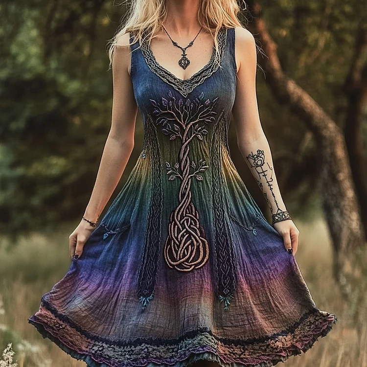 Women's Vintage Viking Tree Of Life Gradient Art Linen Waist Short Midi Dress