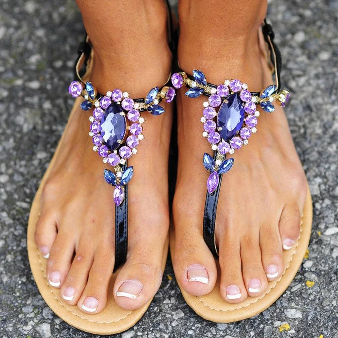 Black Patent Leather T-Strap Purple Crystal Beach Flats Slide Sandals |FSJ Shoes