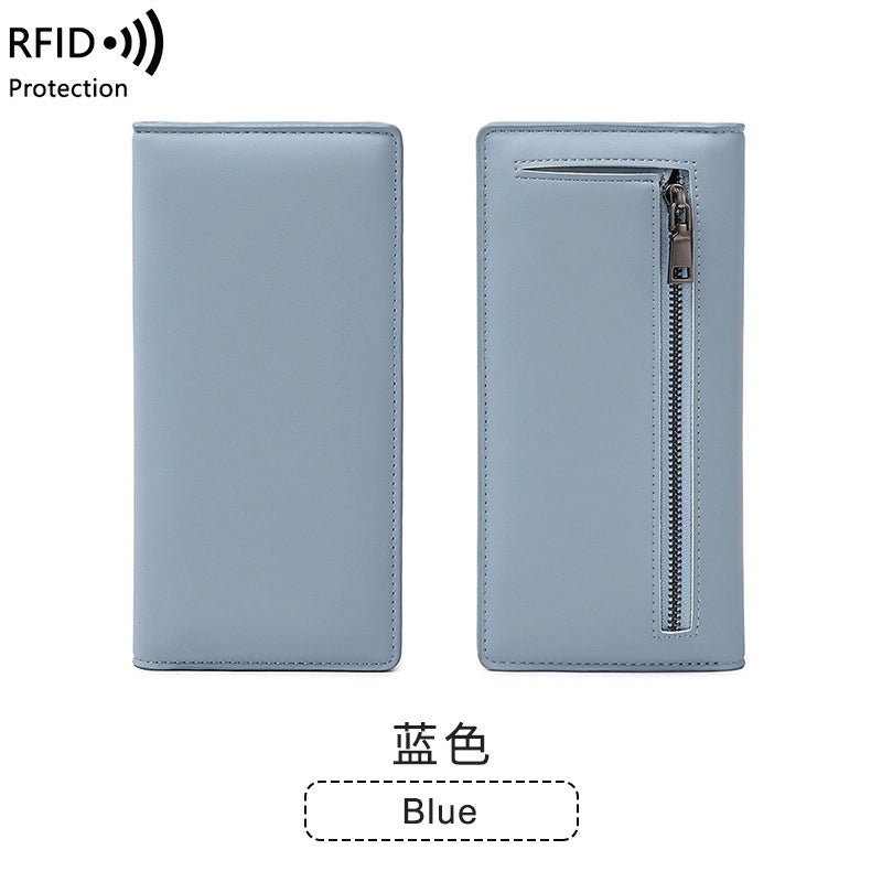 RFID Anti-theft Brush Women’s Wallet New PU Solid Color Ultra-thin Credit Card Holder Zipper Hasp Long Wallet